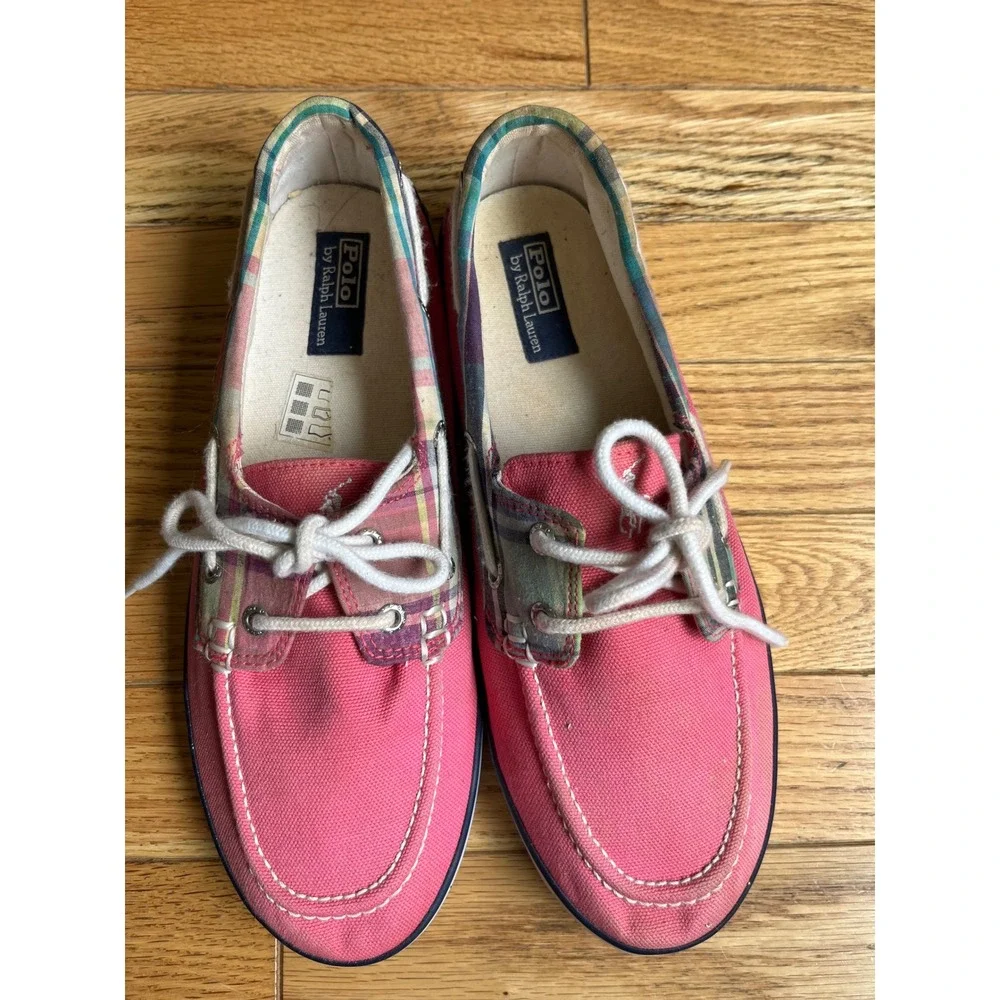 Polo Ralph Lauren Pink Canvas Plaid Trim Boat Shoes Preppy Yacht Club 6.5